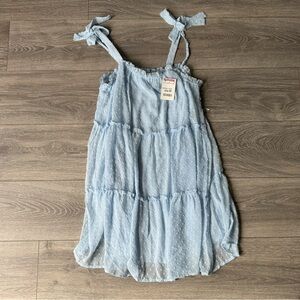 Baby Blue Mesh Tiered Babydoll Dress With Polka-Dot Detailing And Tie Straps